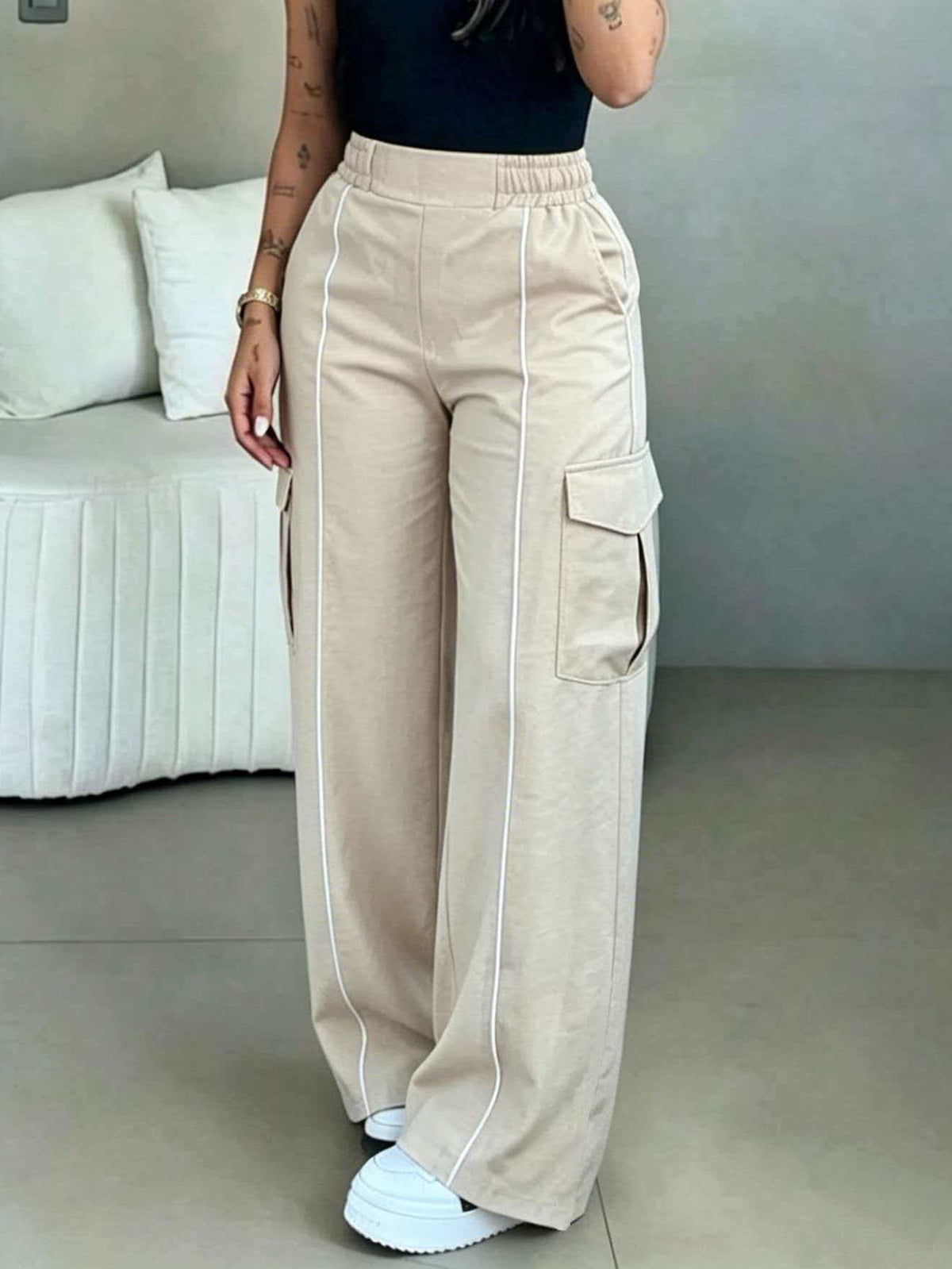 Women's High Waist Cargo Pants Wide Leg Contrast Stitch