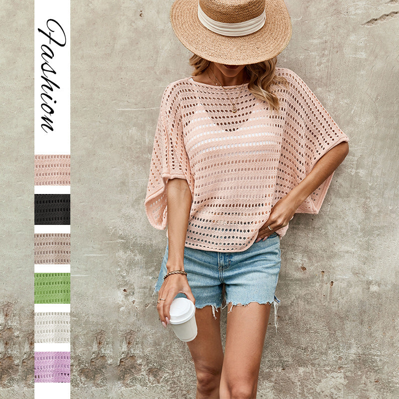 Hollow Out Knit Top Loose Batwing Sleeve Summer Tee