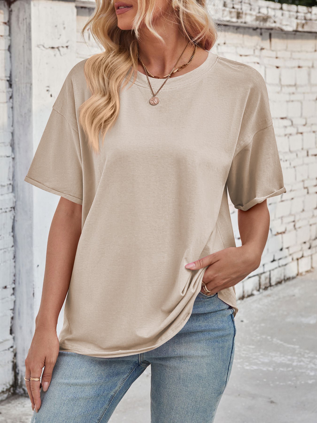 Solid Rayon T Shirt Oversized Crew neck Short Sleeve