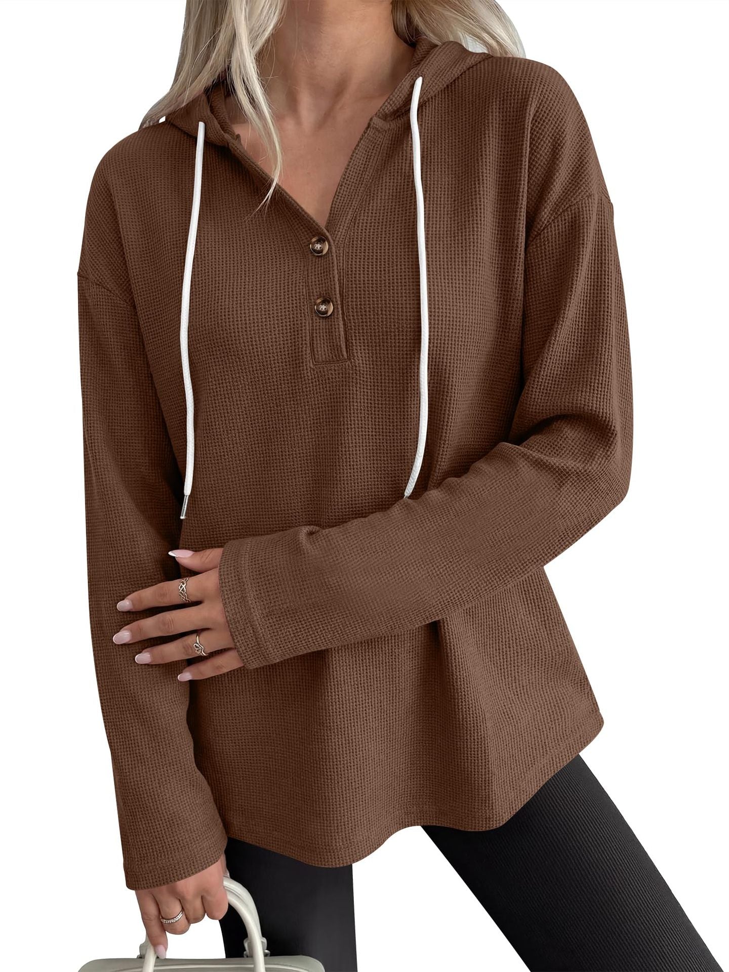 Solid Waffle Hoodie Pullover Casual Button Long Sleeve