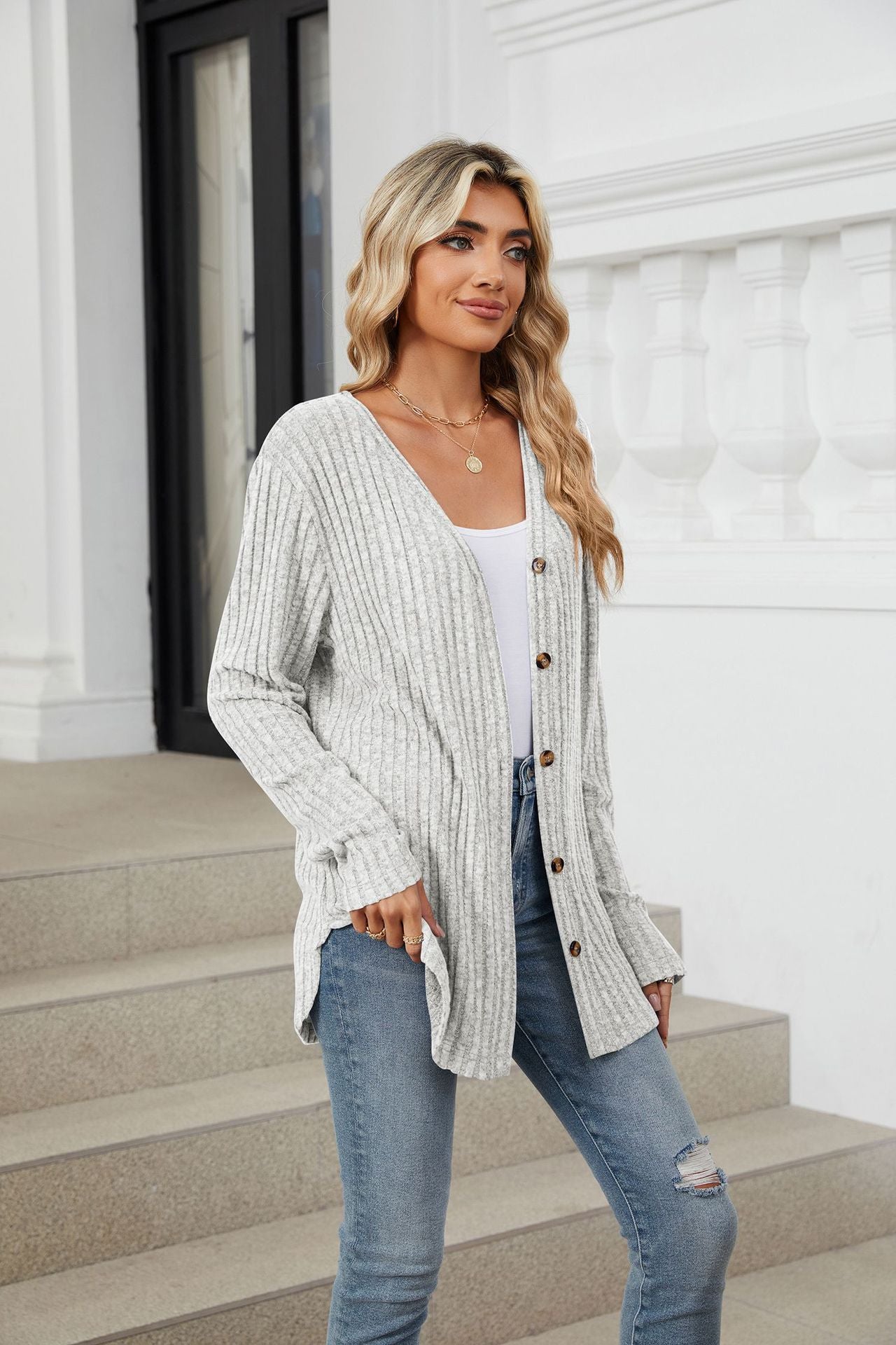 Solid Color Long Sleeve Button Cardigan Knitted