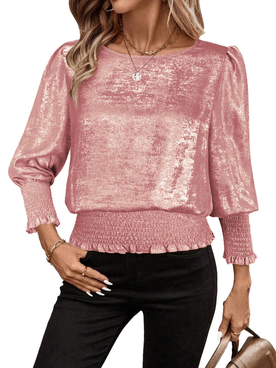 Metallic Shimmer Puff Sleeve Smocked Hem Blouse Top