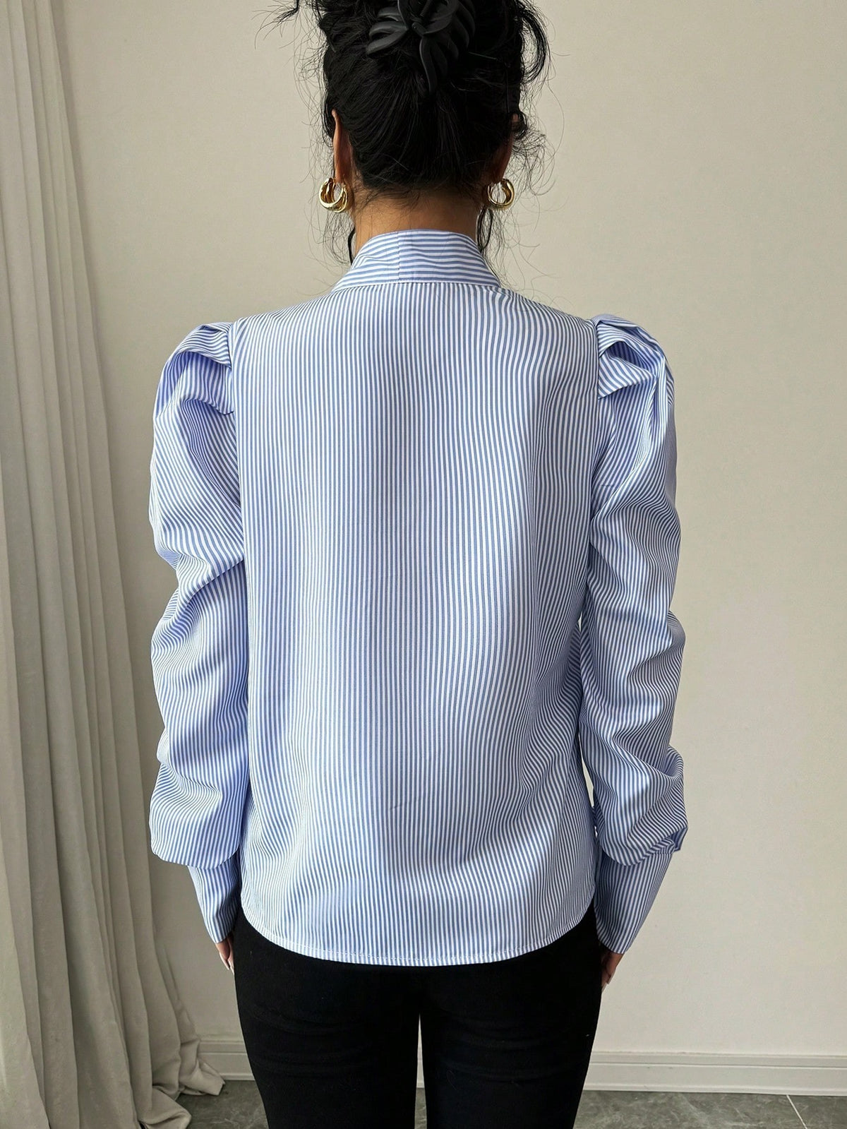 Striped Tie Neck Puff Sleeve Blouse Top