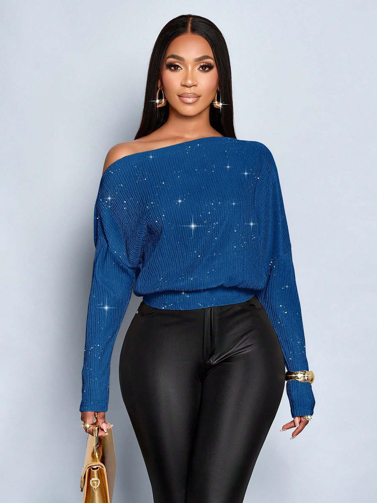 One Shoulder Glitter Batwing Sleeve Cinched Waist Knit Top