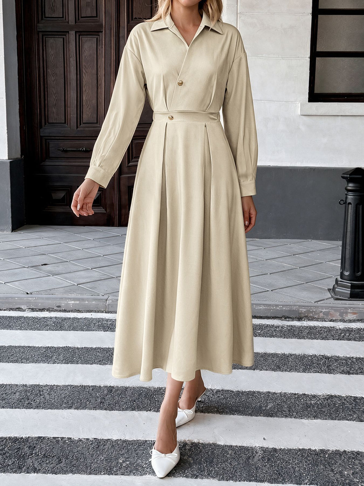 Long Sleeve Collared Maxi Shirt Dress A-Line Work Casual