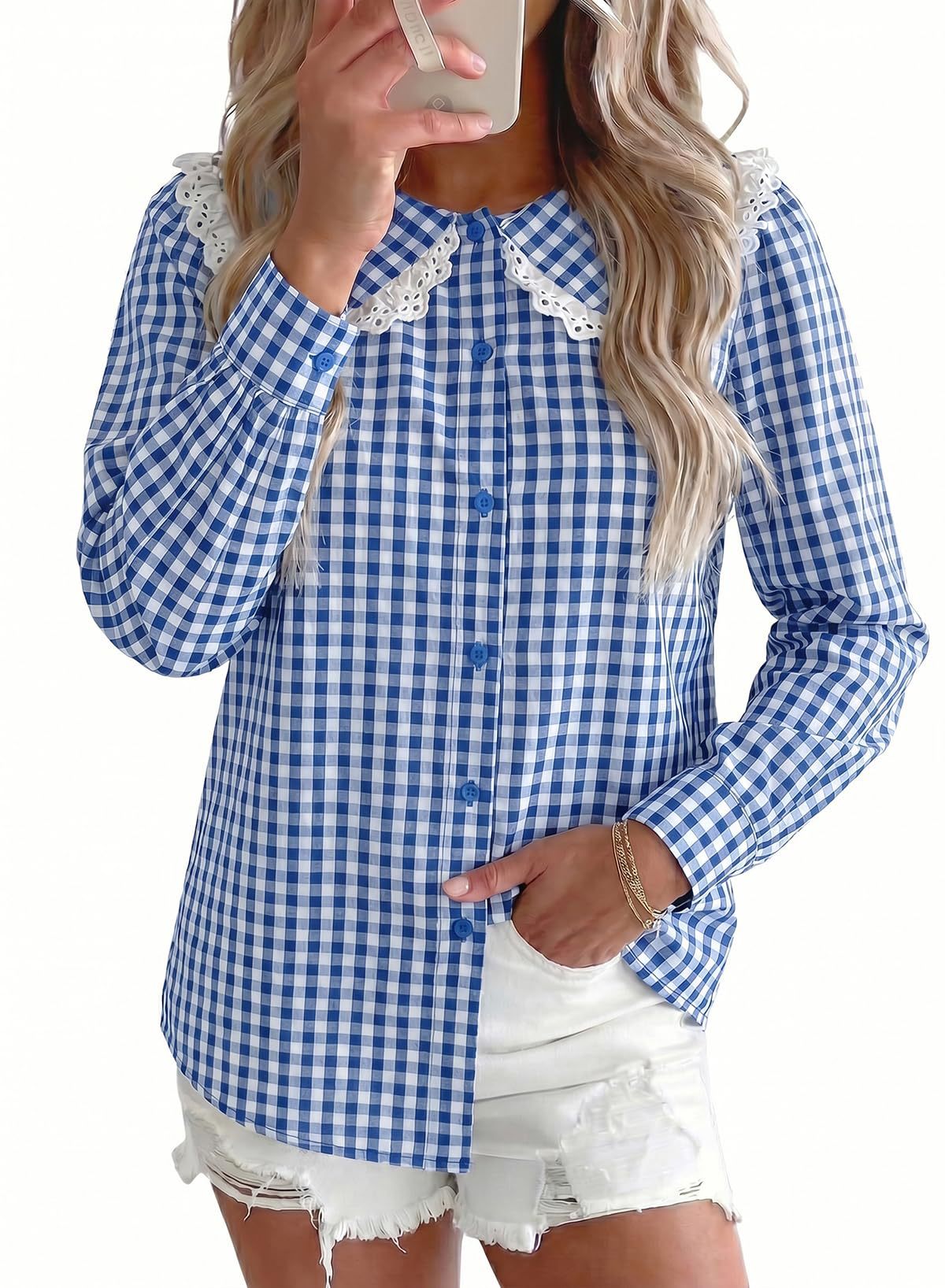 Gingham Lace Peter Pan Collar Long Sleeve Blouse