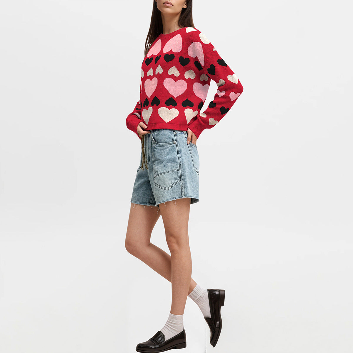 Women's Oversized Colorblock Heart Knit Sweater