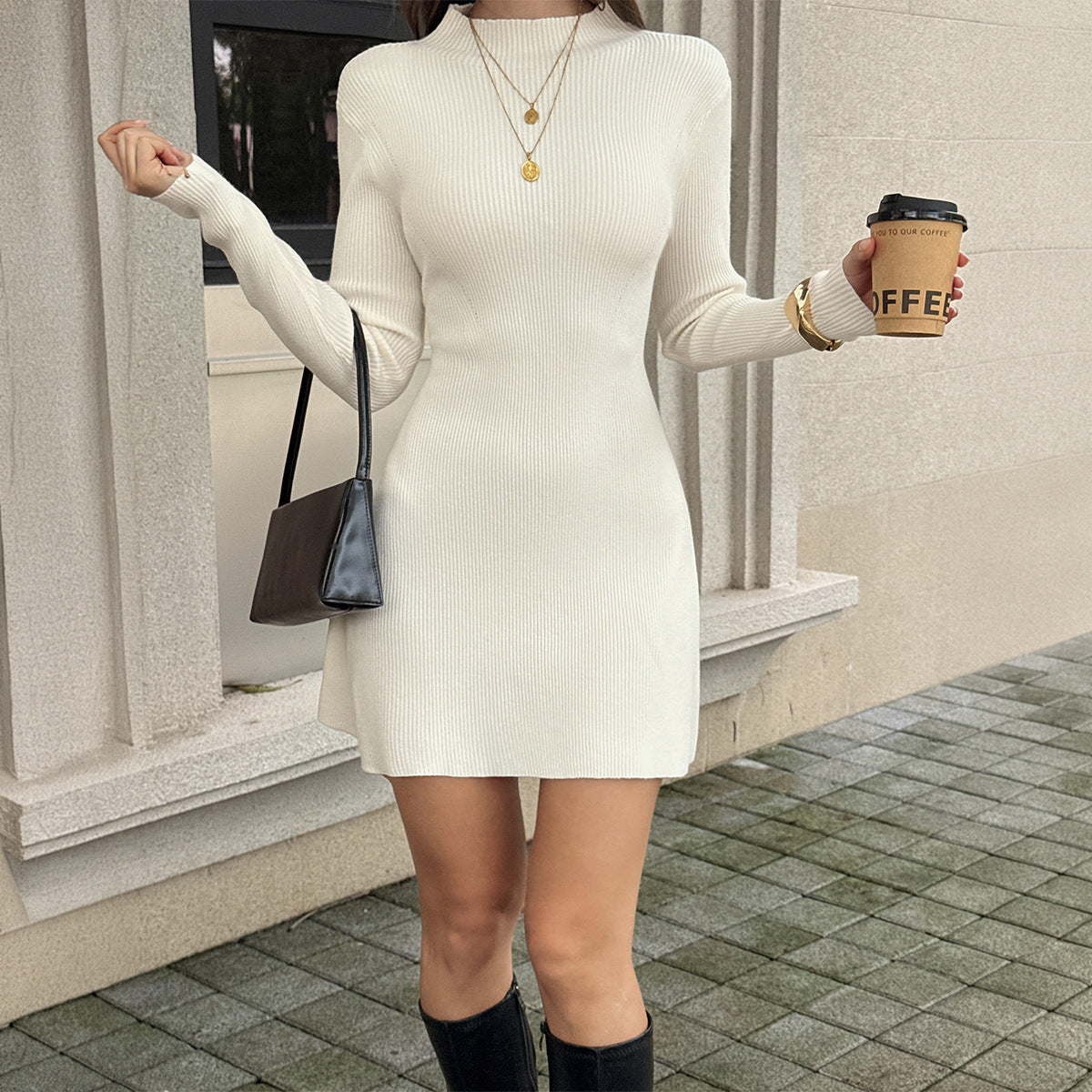 Women's Ribbed Mock Neck Fit and Flare Sweater Dress