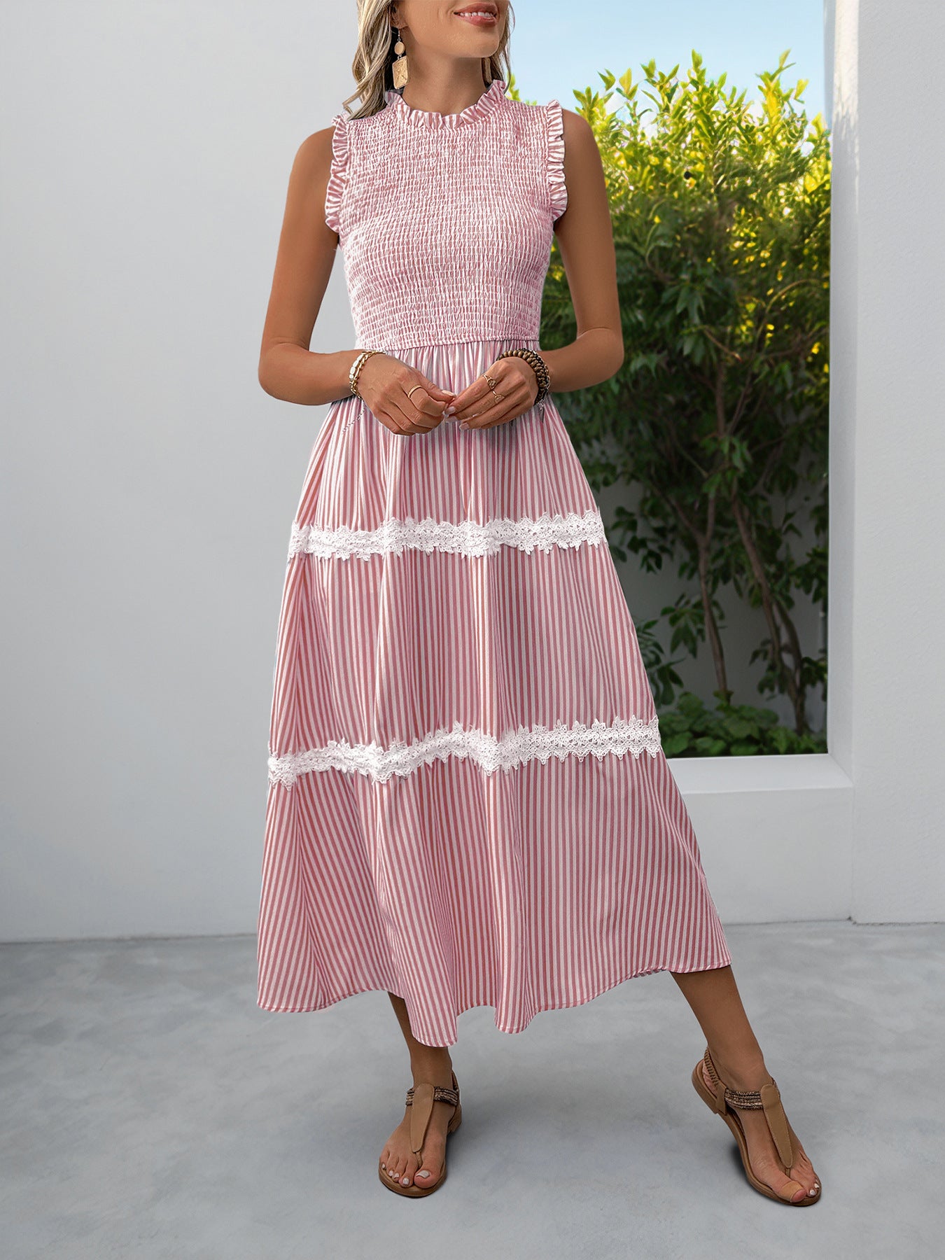 Striped Lace Trim Sleeveless Midi Dress for Summer