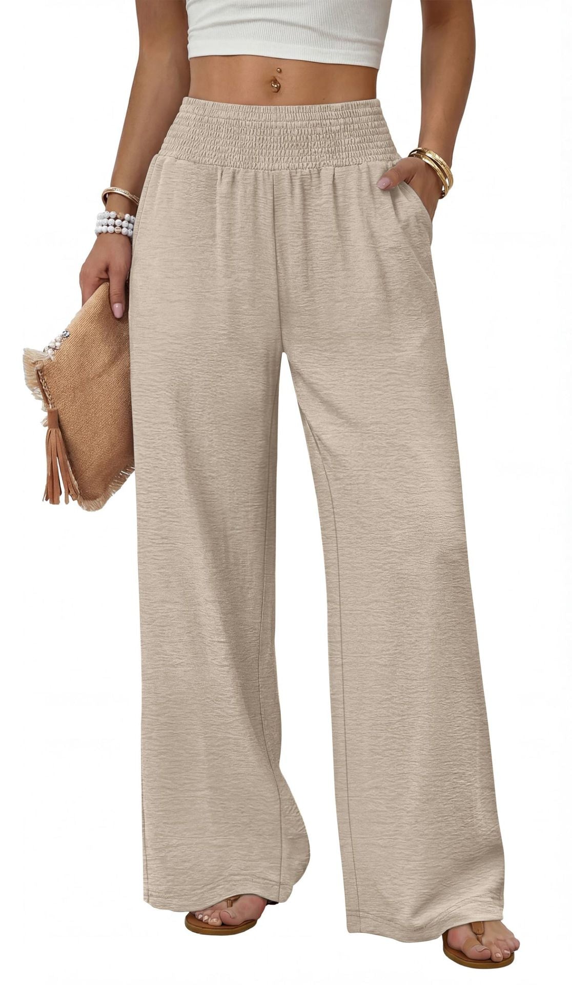 Women's High Waist Smocked Wide Leg Pants with Pockets