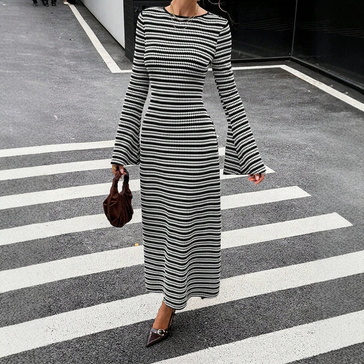 Women's Striped Bell Sleeve Open Back Knit Midi Dress