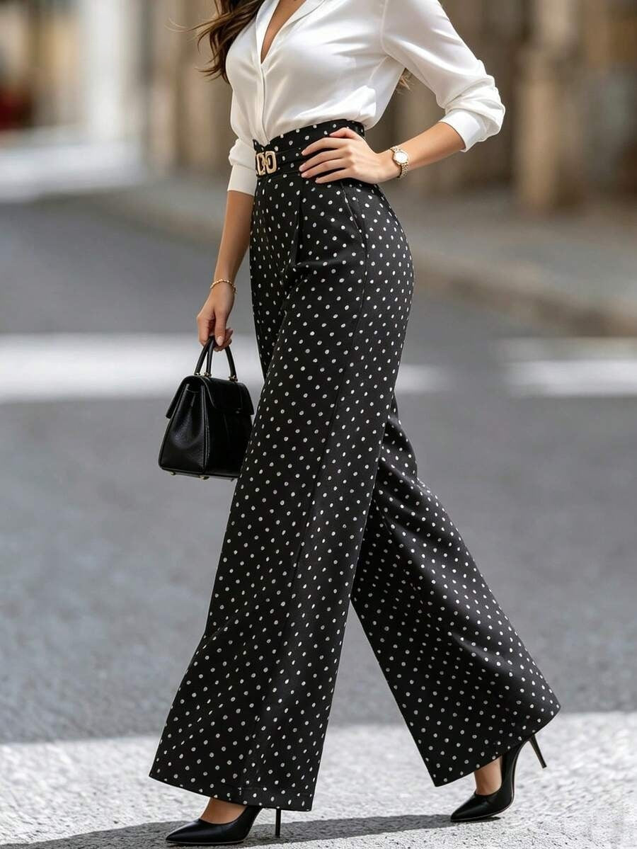 Women's Polka Dot High Waisted Wide Leg Black Dress Pants