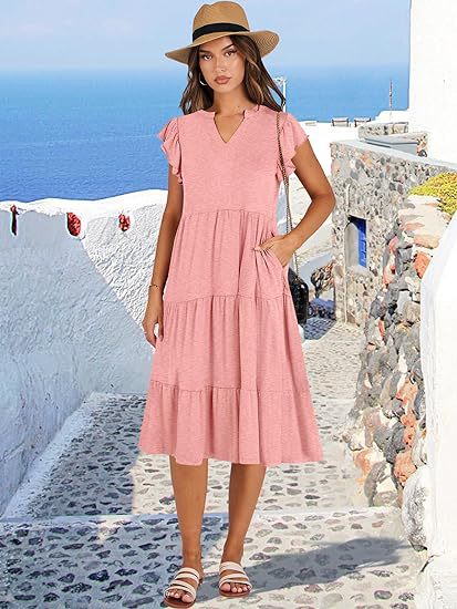 V Neck Flutter Sleeve Tiered Midi Dress with Pockets
