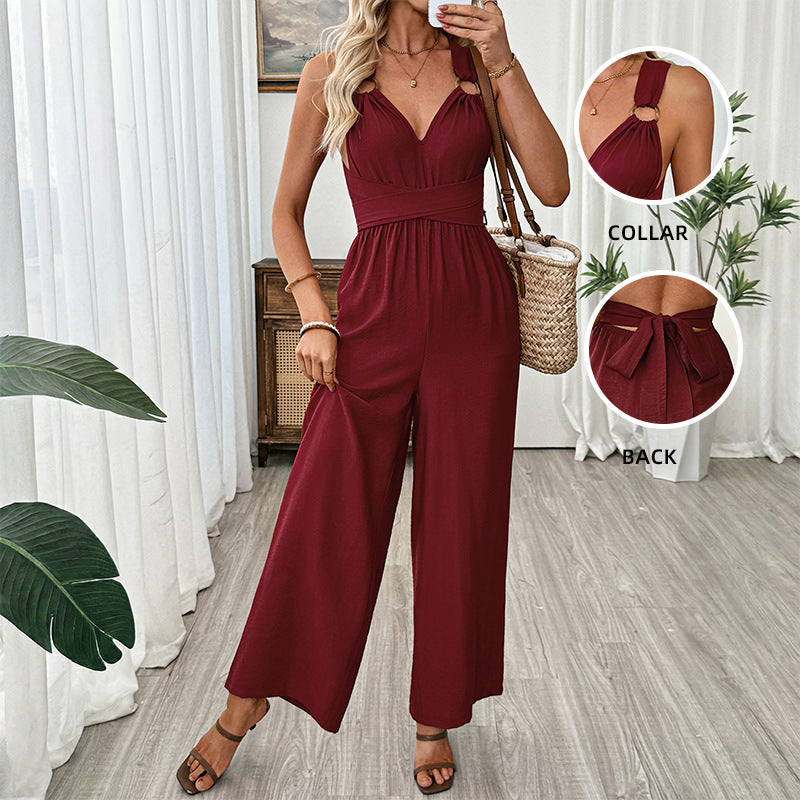 Backless Wide Leg Jumpsuit High Waist Summer Vacation Outfit