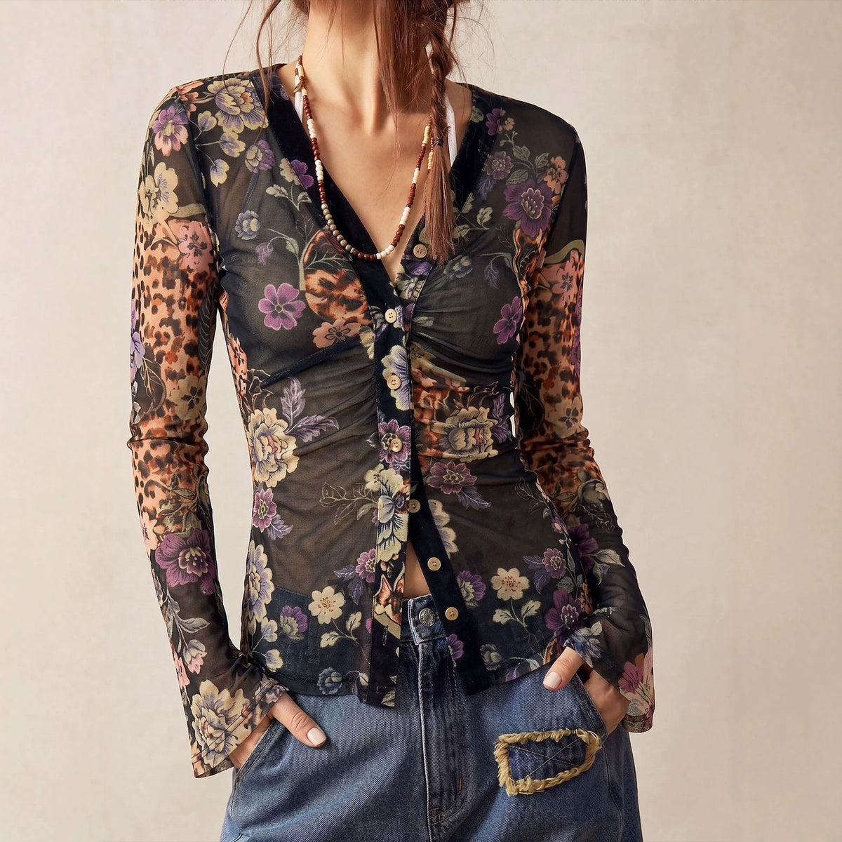 Women's Ruched Floral Mesh Blouse V-Neck Leopard Sleeves