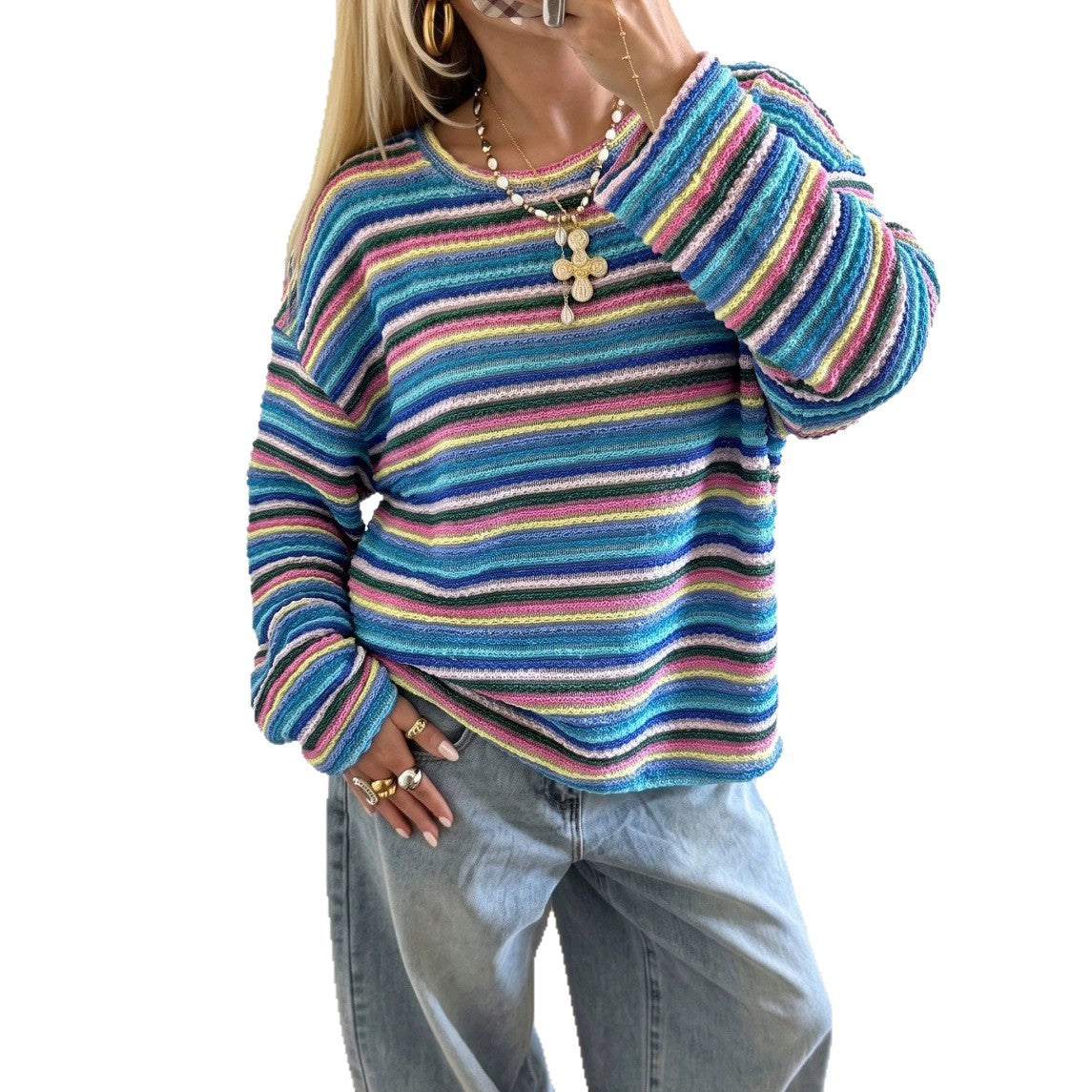 Women's Colorful Striped Knit Sweater Long Sleeve Casual