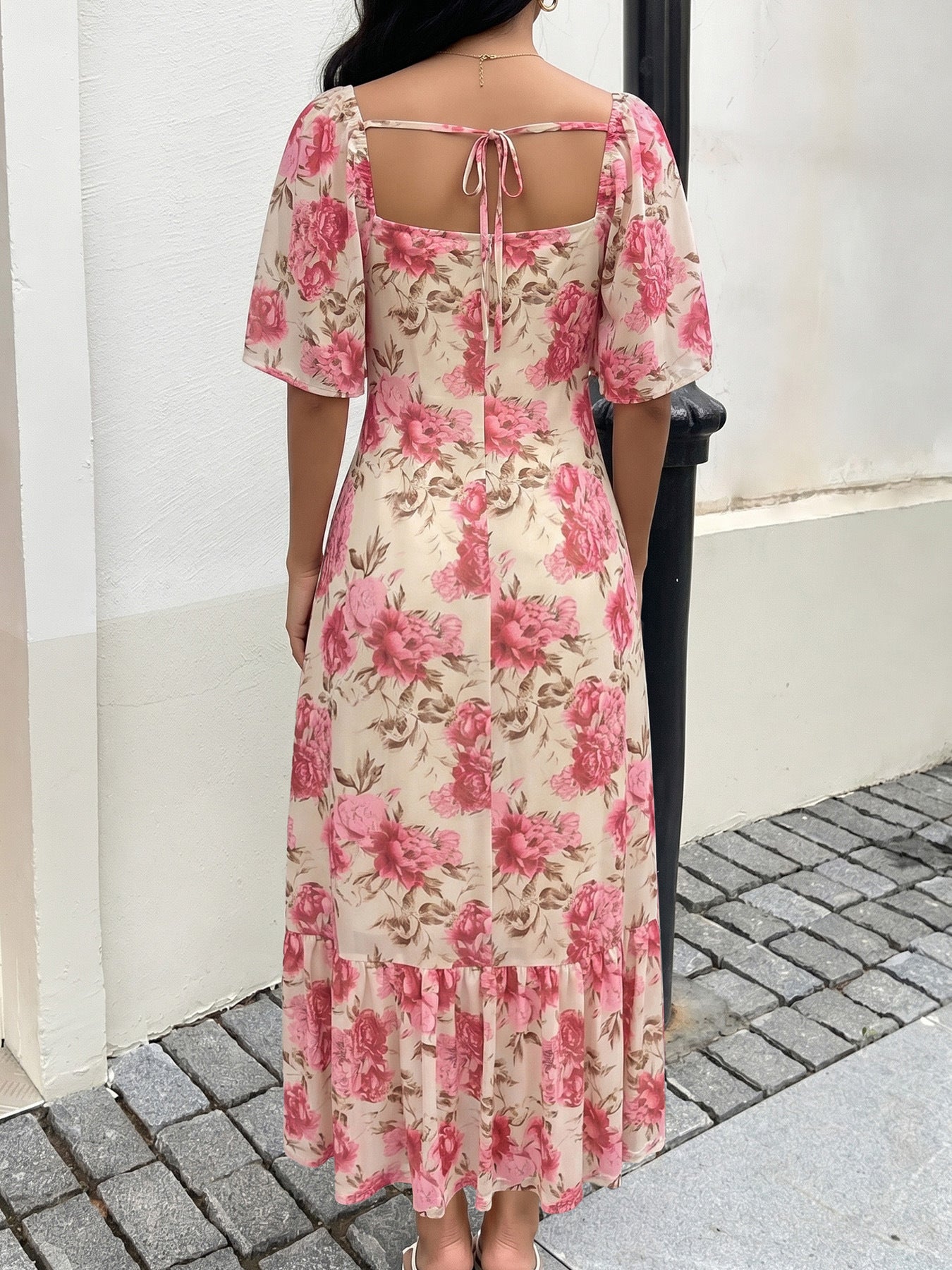 Floral Chiffon Midi Dress Romantic Flutter Sleeve