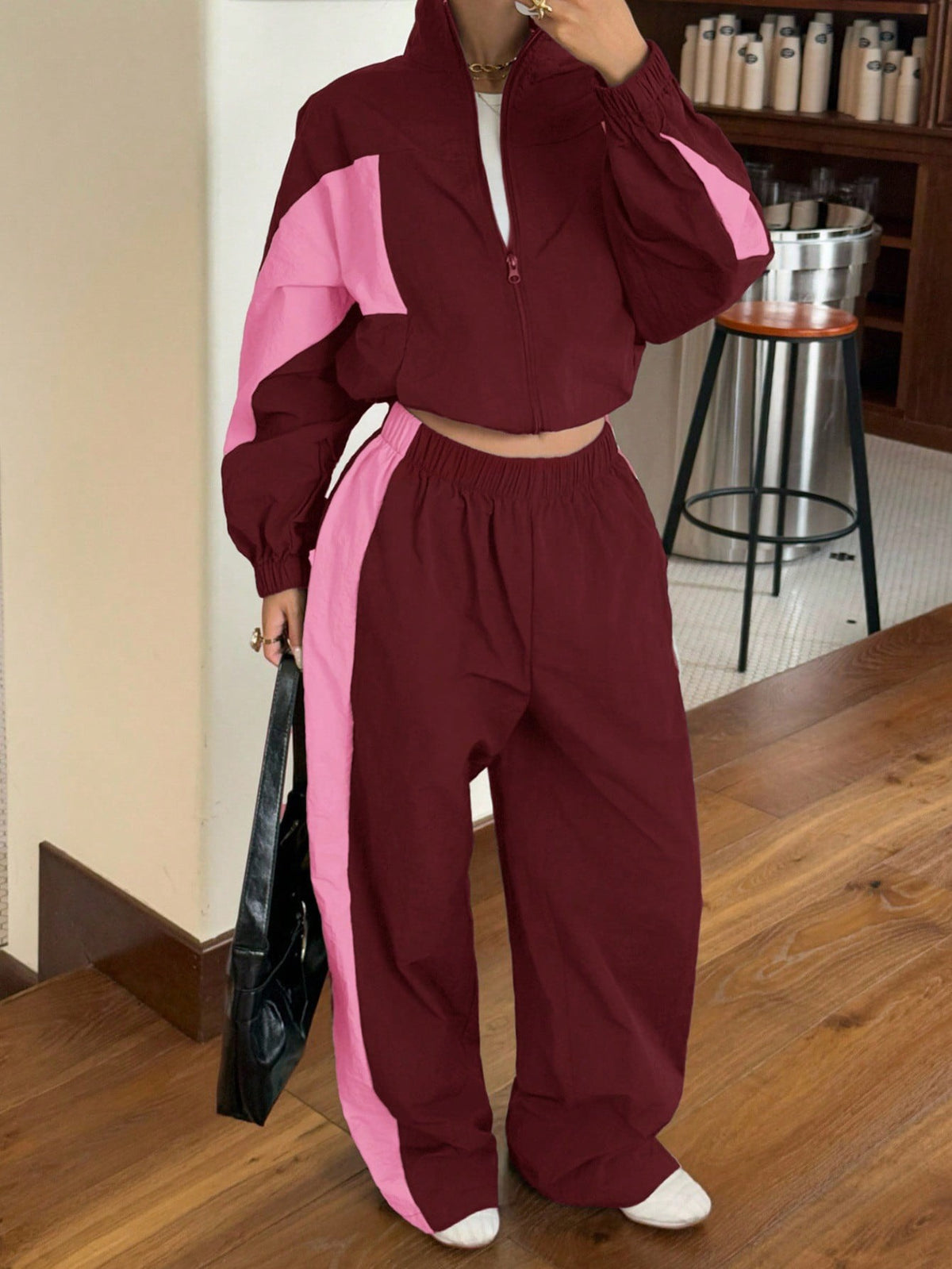 Color Block Half Zip Crop Top Wide Leg Pants Two Piece Set