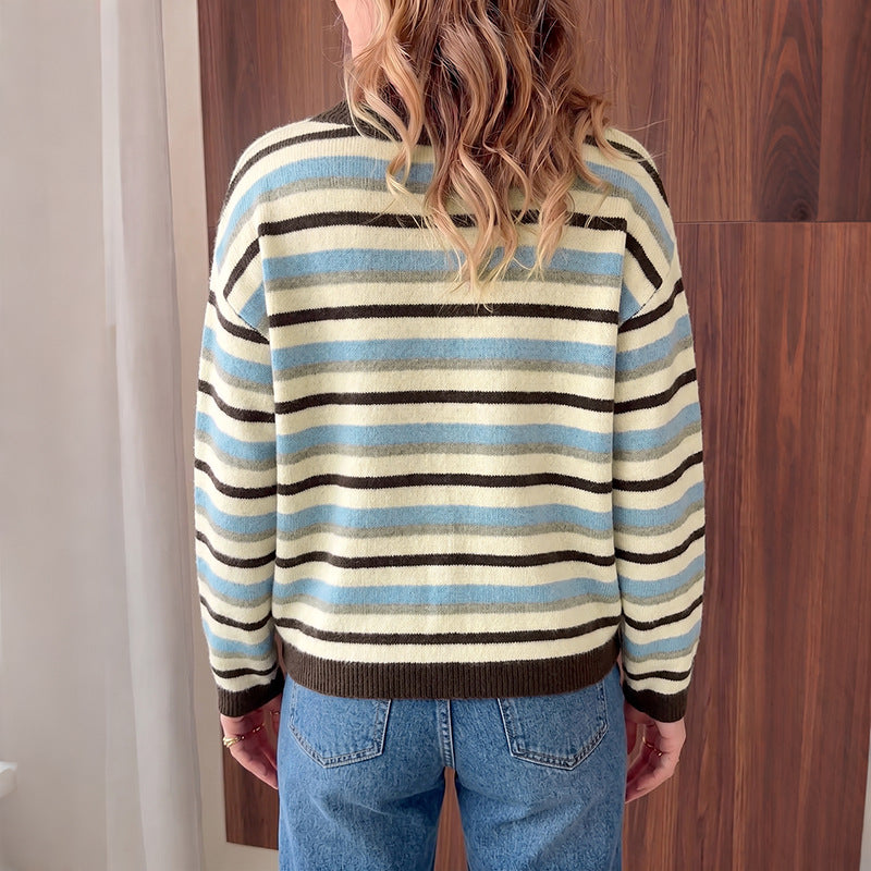 Oversized Striped Crew Neck Button Front Knit Cardigan