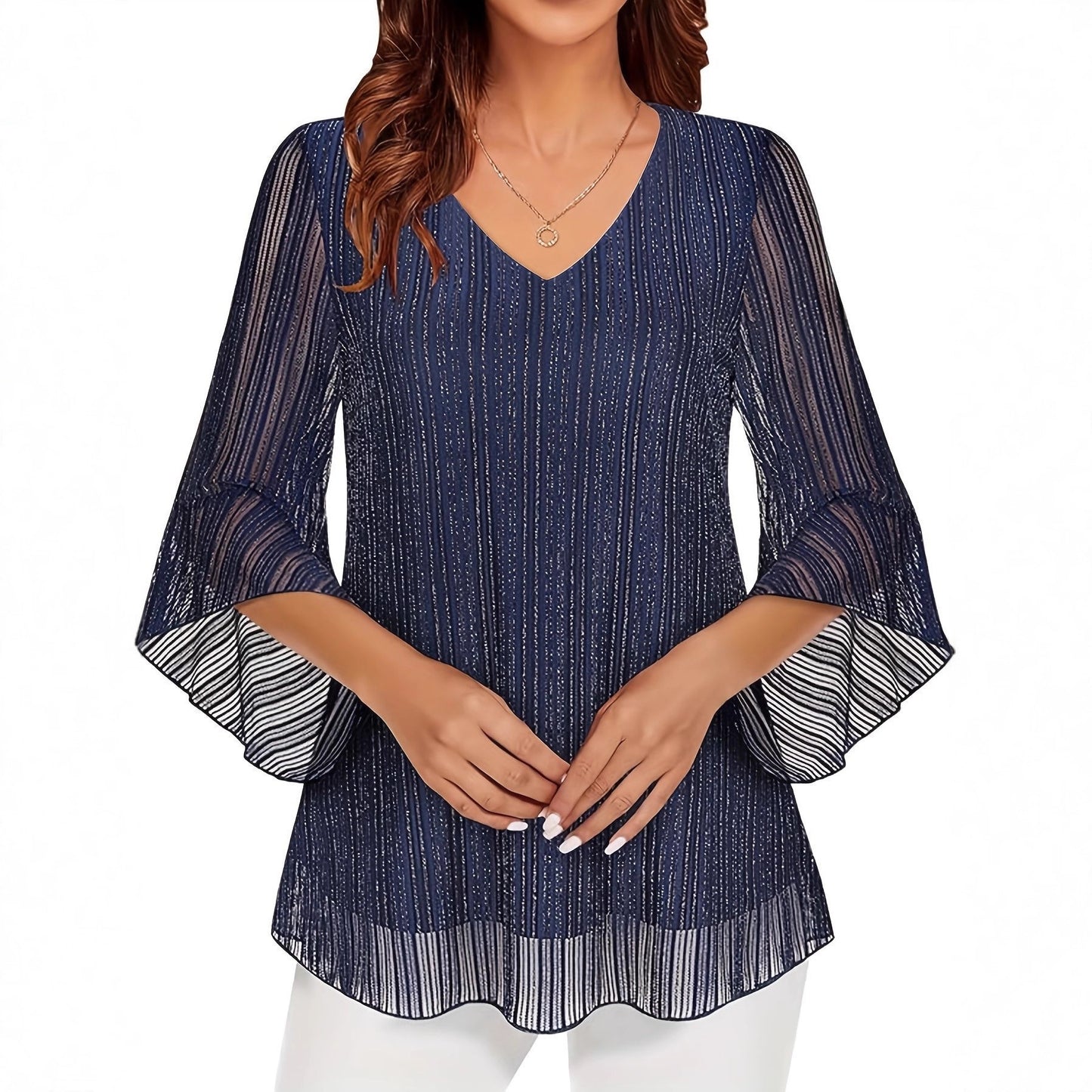 Plus Size Metallic Mesh V Neck Flare Sleeve Top