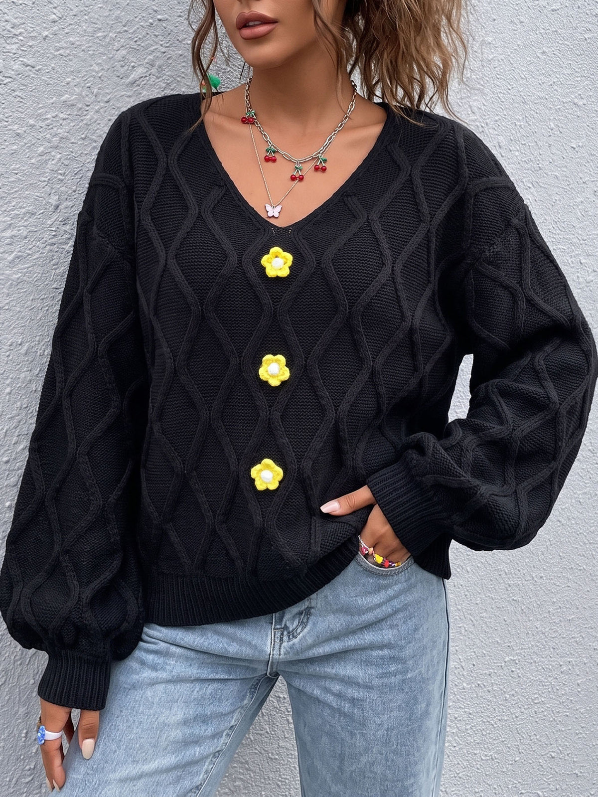 Women's V-Neck Cable Knit Sweater Floral Balloon Sleeve