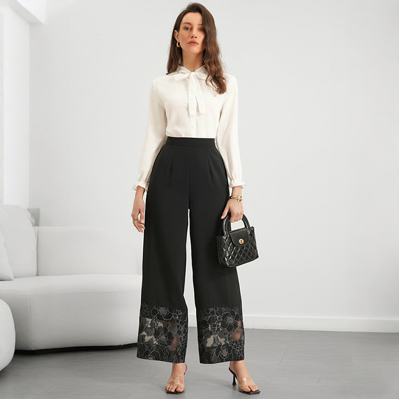 2026 Solid Straight Leg Pants with Lace Hem Detail
