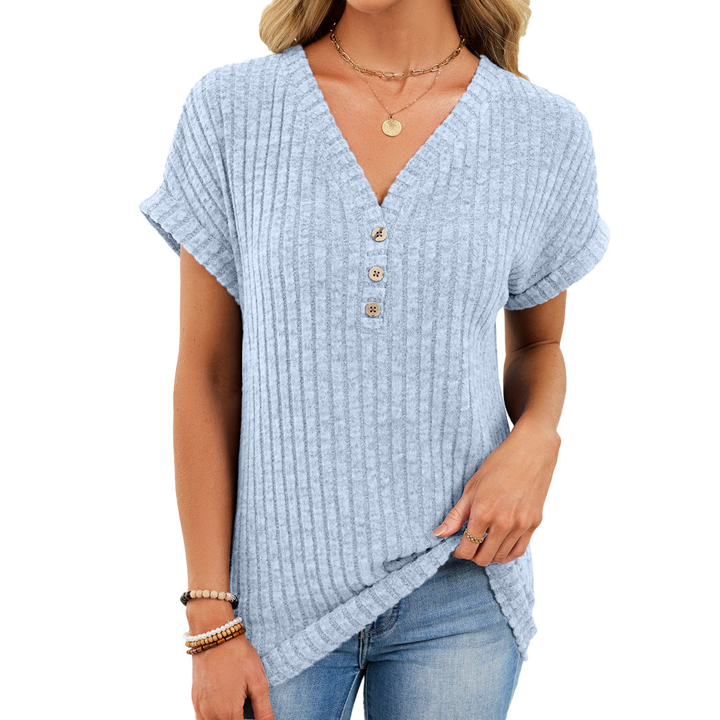 Solid Ribbed Knit Top V Neck Casual Short Sleeve