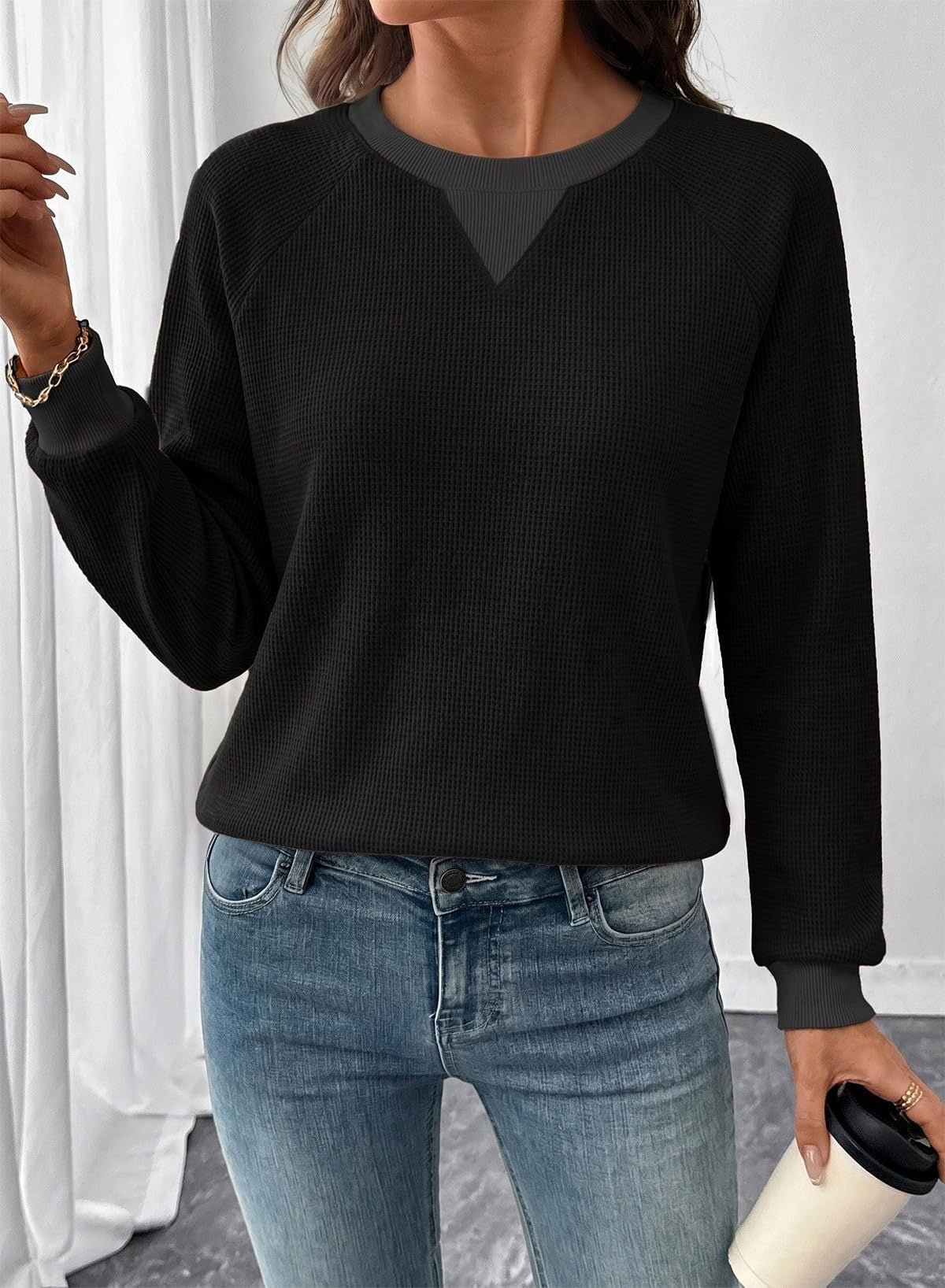 Contrast Waffle Knit Long Sleeve Casual Pullover Top