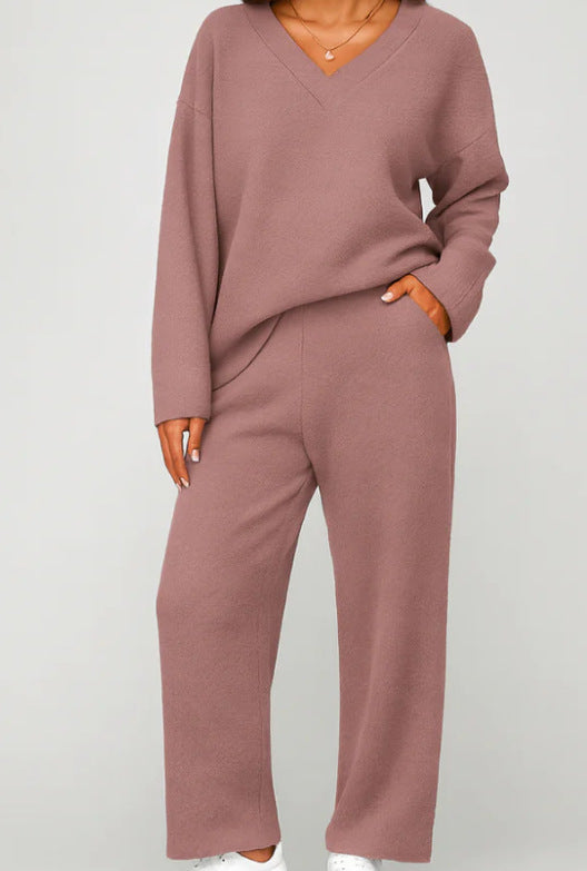 Women's V-Neck Knit 2 Piece Lounge Set Wide Leg Pants