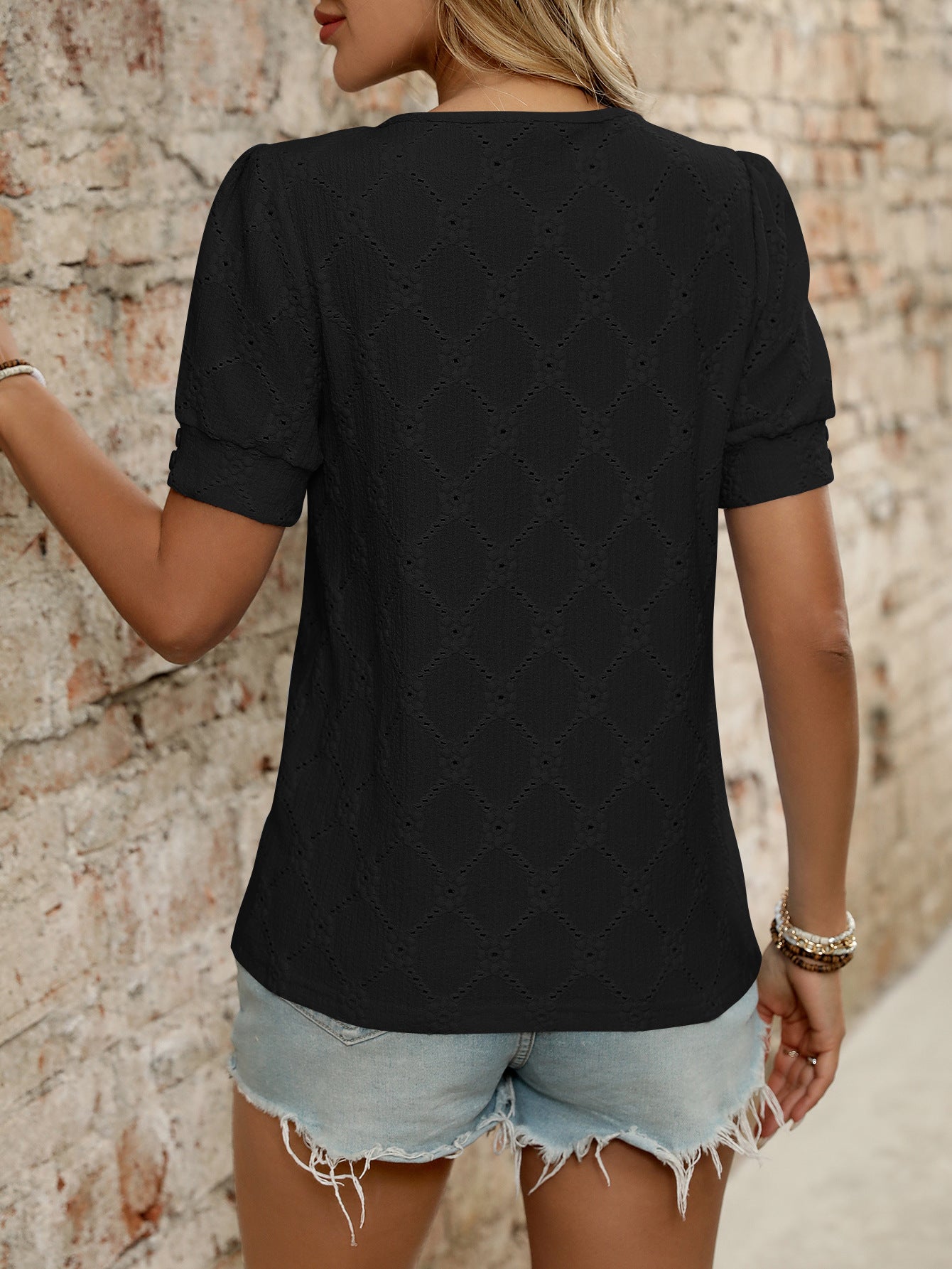 Women’s Eyelet Knit T Shirt Short Sleeve Summer Top