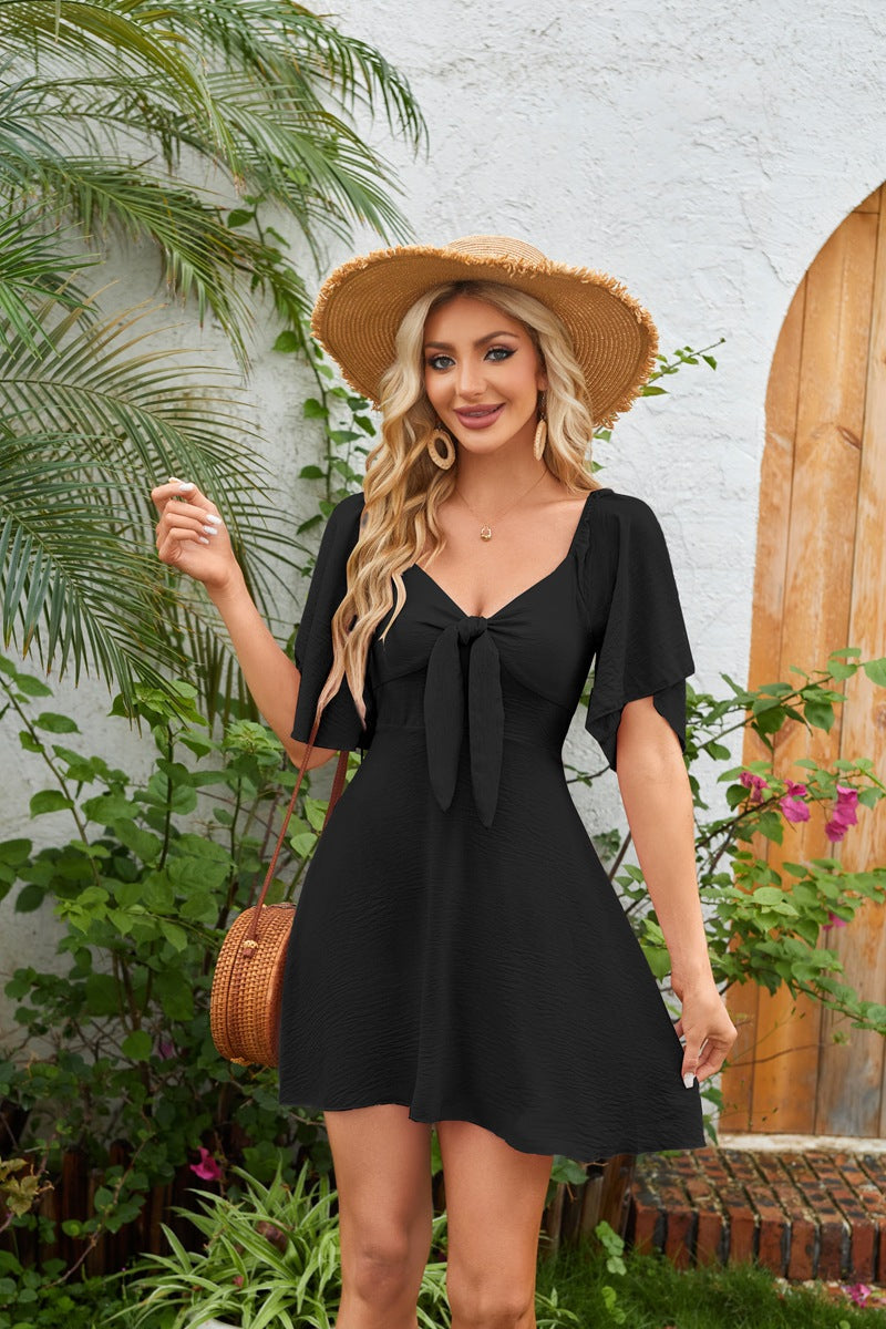 V Neck Tie Front Flutter Sleeve A Line Mini Dress for Women
