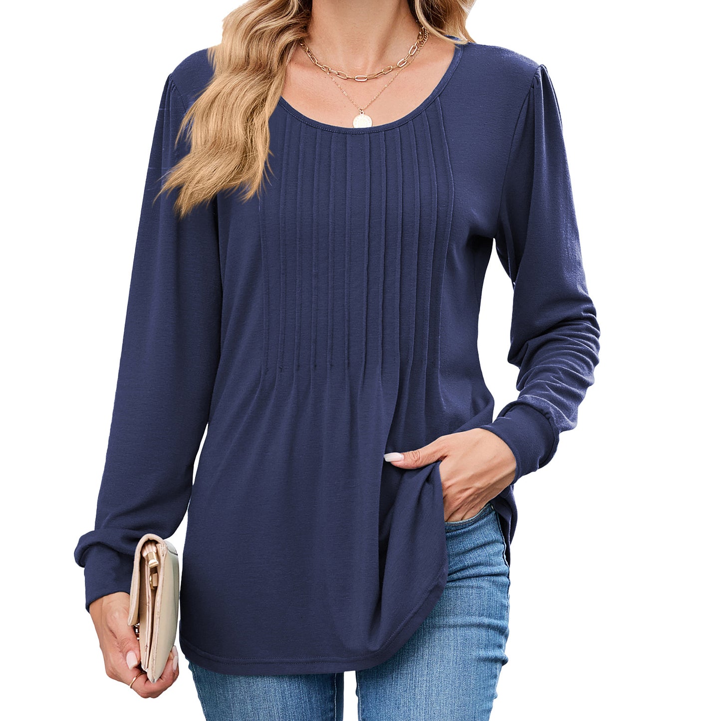 Women's Pleated Front Long Sleeve Tunic Top Loose Fit