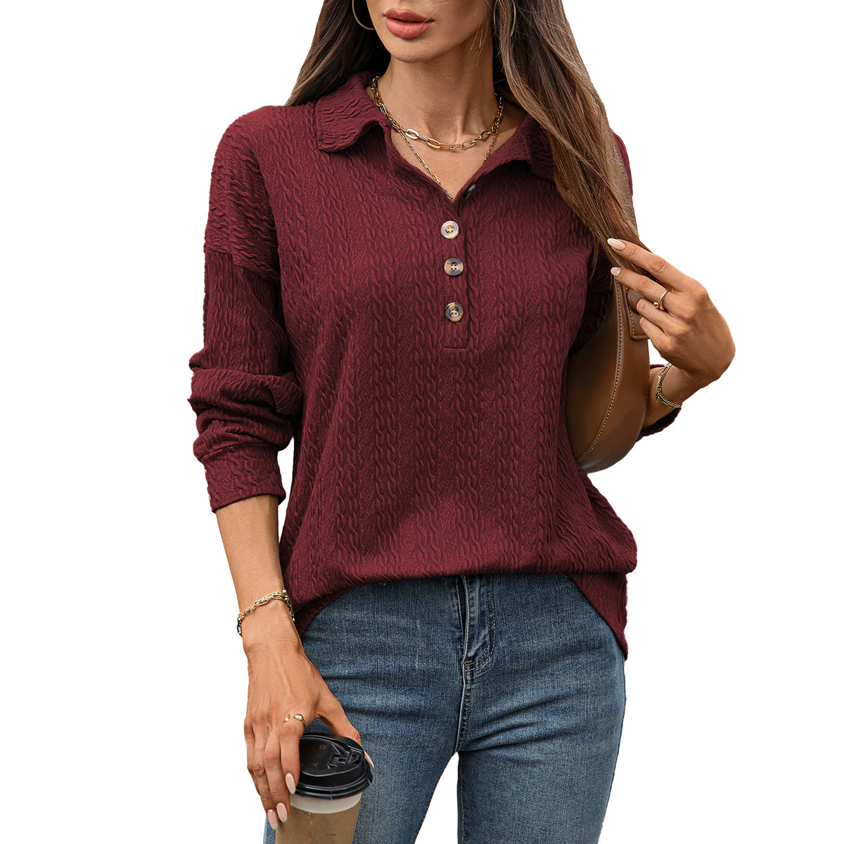 Women's Collared Long Sleeve Button Pullover Sweatshirt