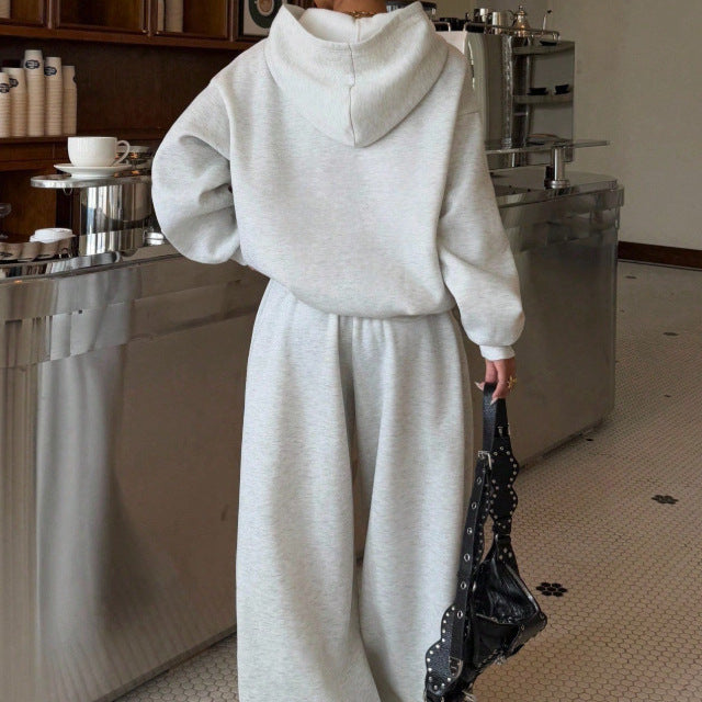 Grey Hooded Sweatshirt Wide Leg Pants Set