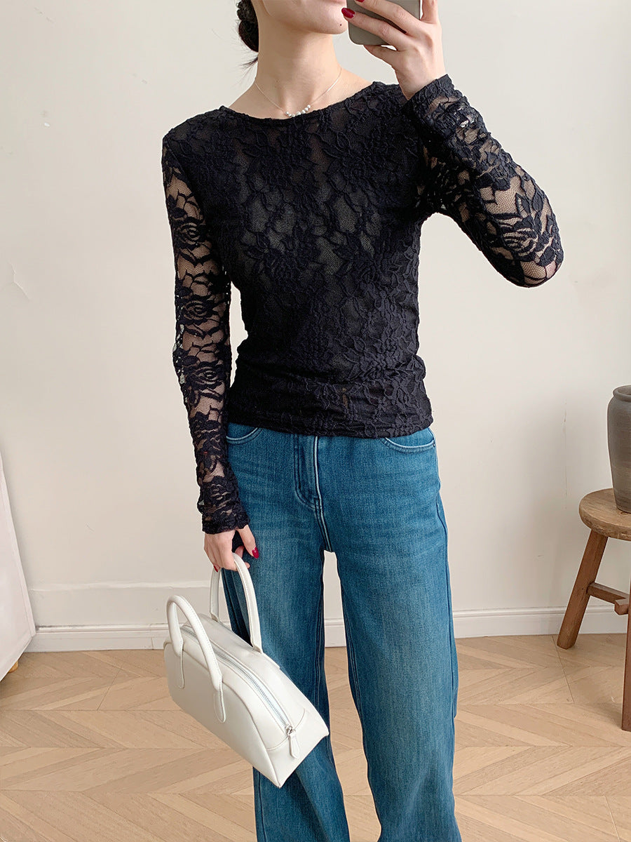 Women Long Sleeve Lace U Neck Slim Fit Top Blouse