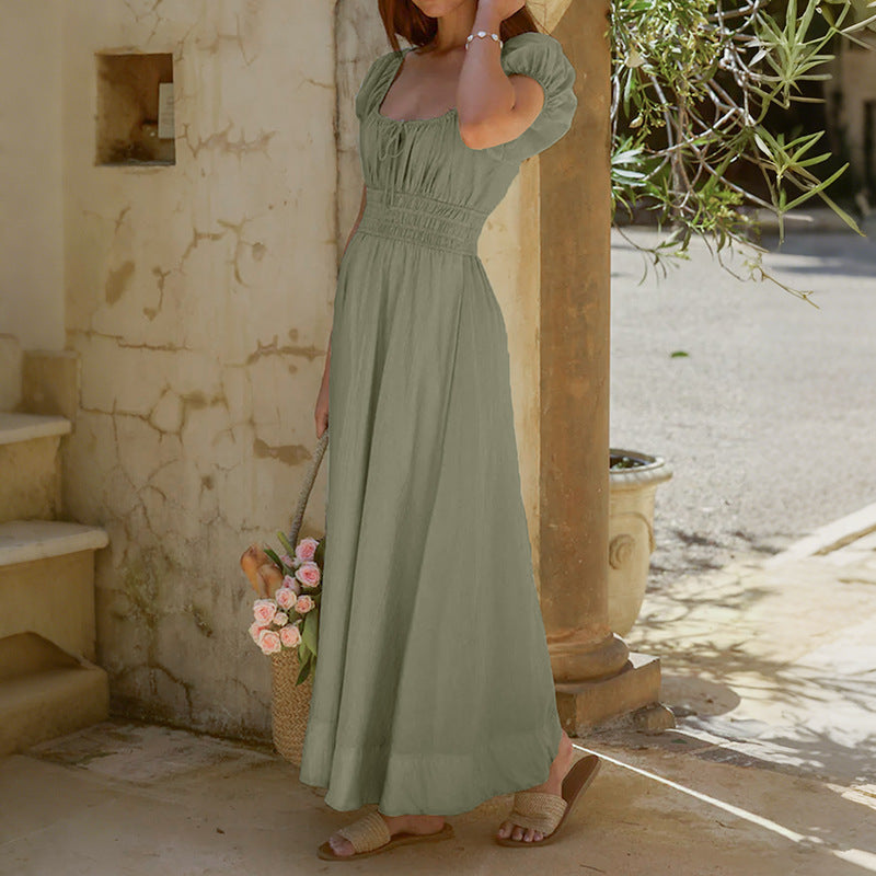 Green Square Neck Puff Sleeve Maxi Dress Cottagecore