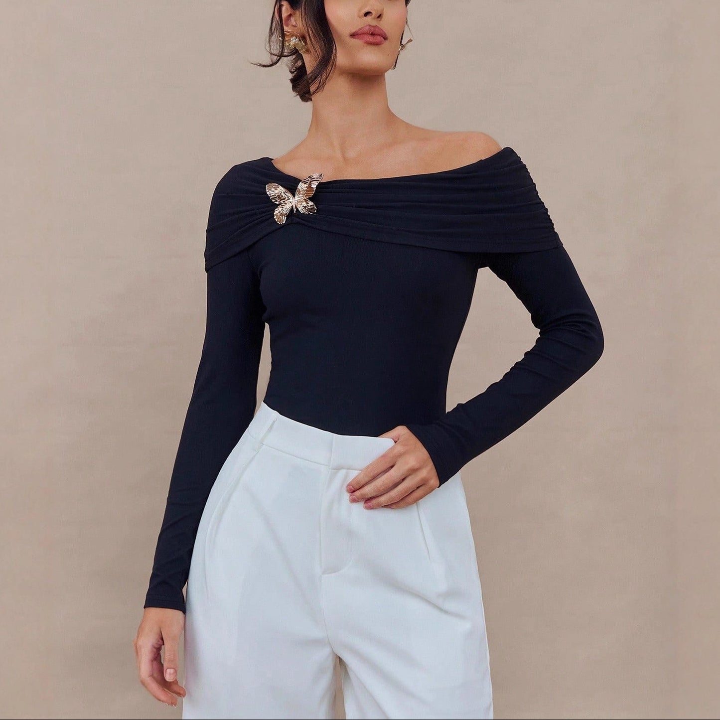 Black Off Shoulder Butterfly Brooch Long Sleeve Top