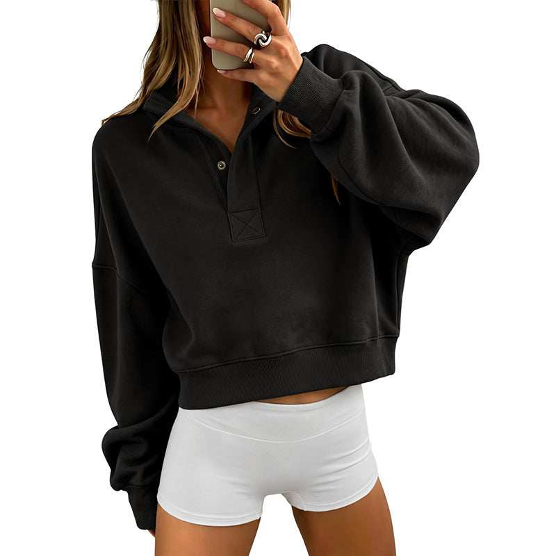 Cropped Henley Sweatshirt Collared Relaxed Fit