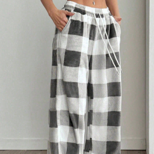 Plaid Fleece Pants Casual Oversized Wide Leg