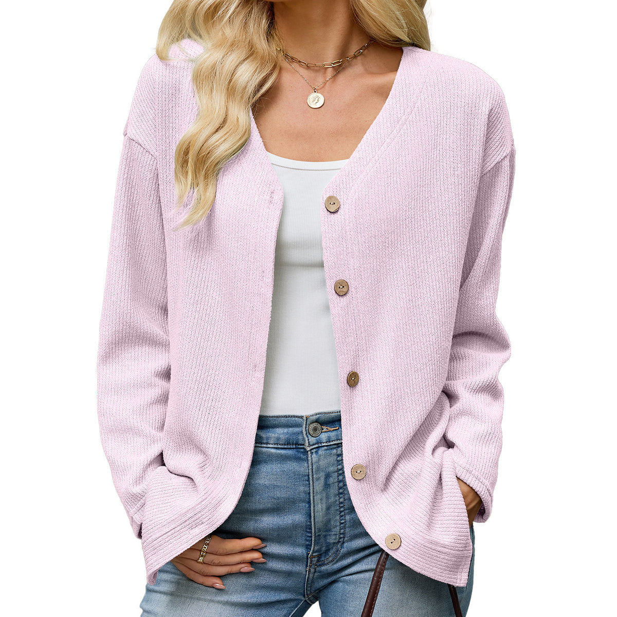 Women's Long Sleeve V Neck Button Front Loose Knit Cardigan