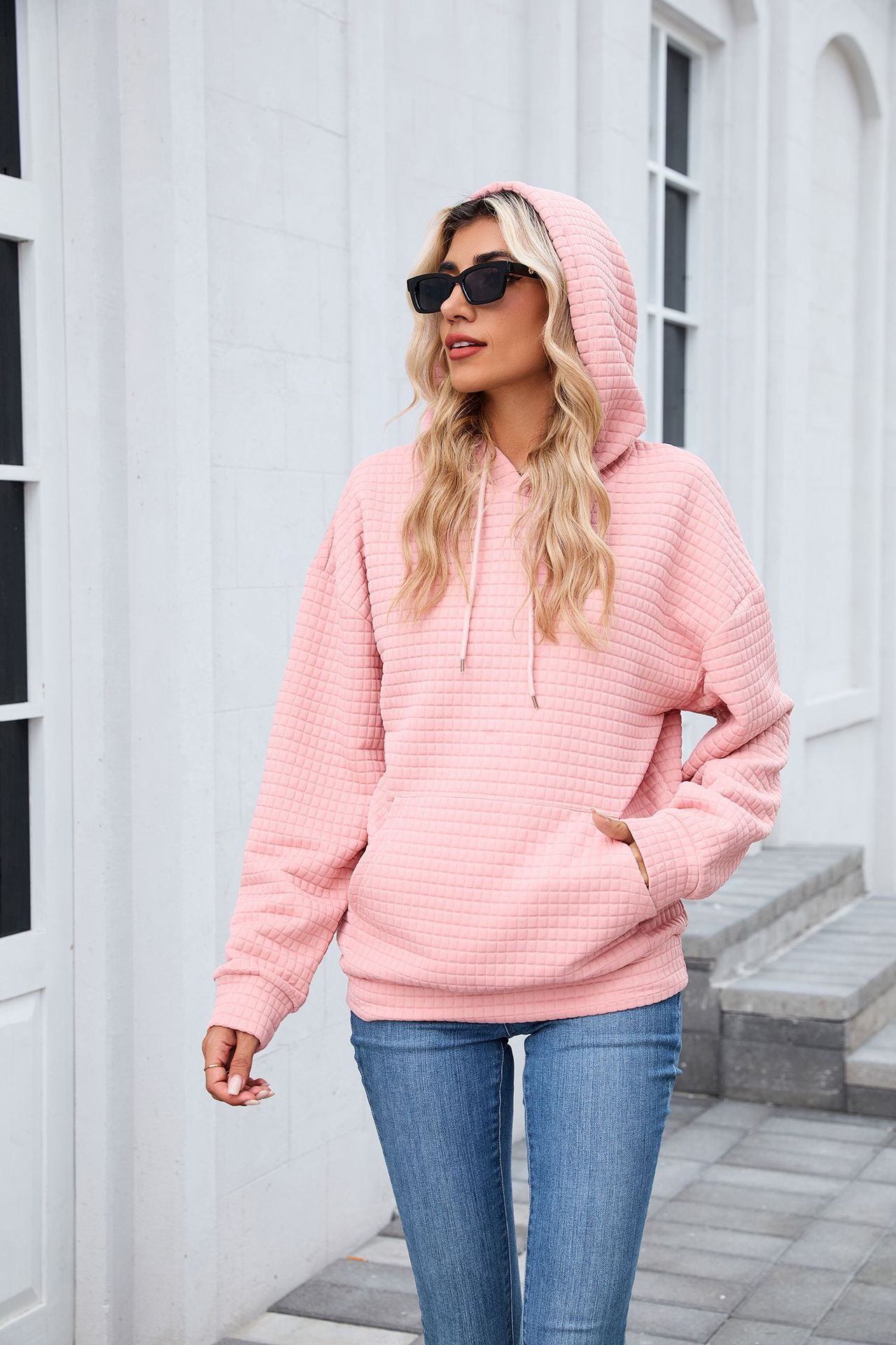 Waffle Knit Hoodie | Oversized Pullover with Kangaroo Pocket