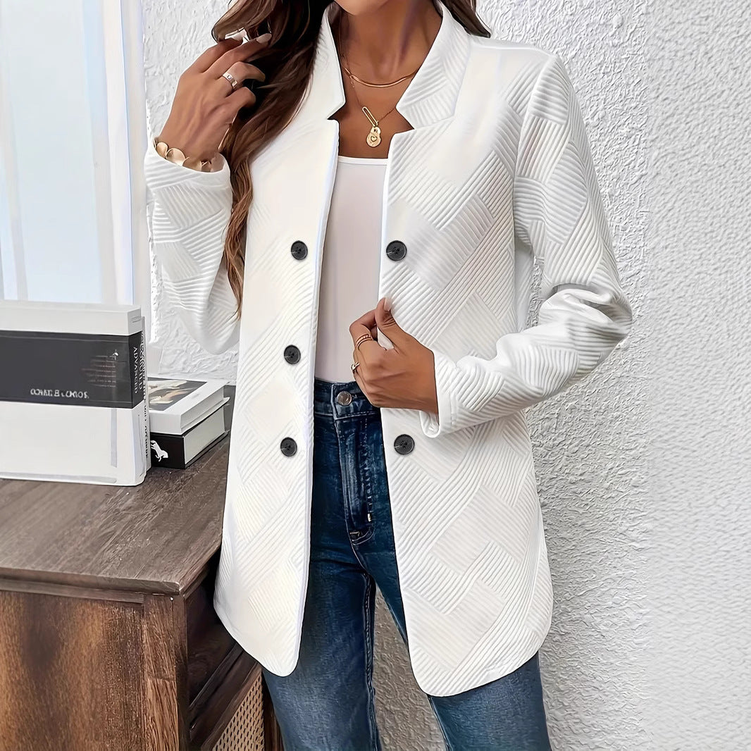 Womens Textured Double Breasted Blazer Stand Collar