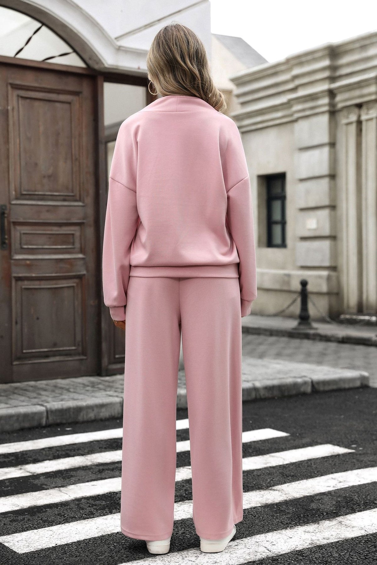 Women's Two Piece Quarter Zip Sweatshirt Wide Leg Pants Set