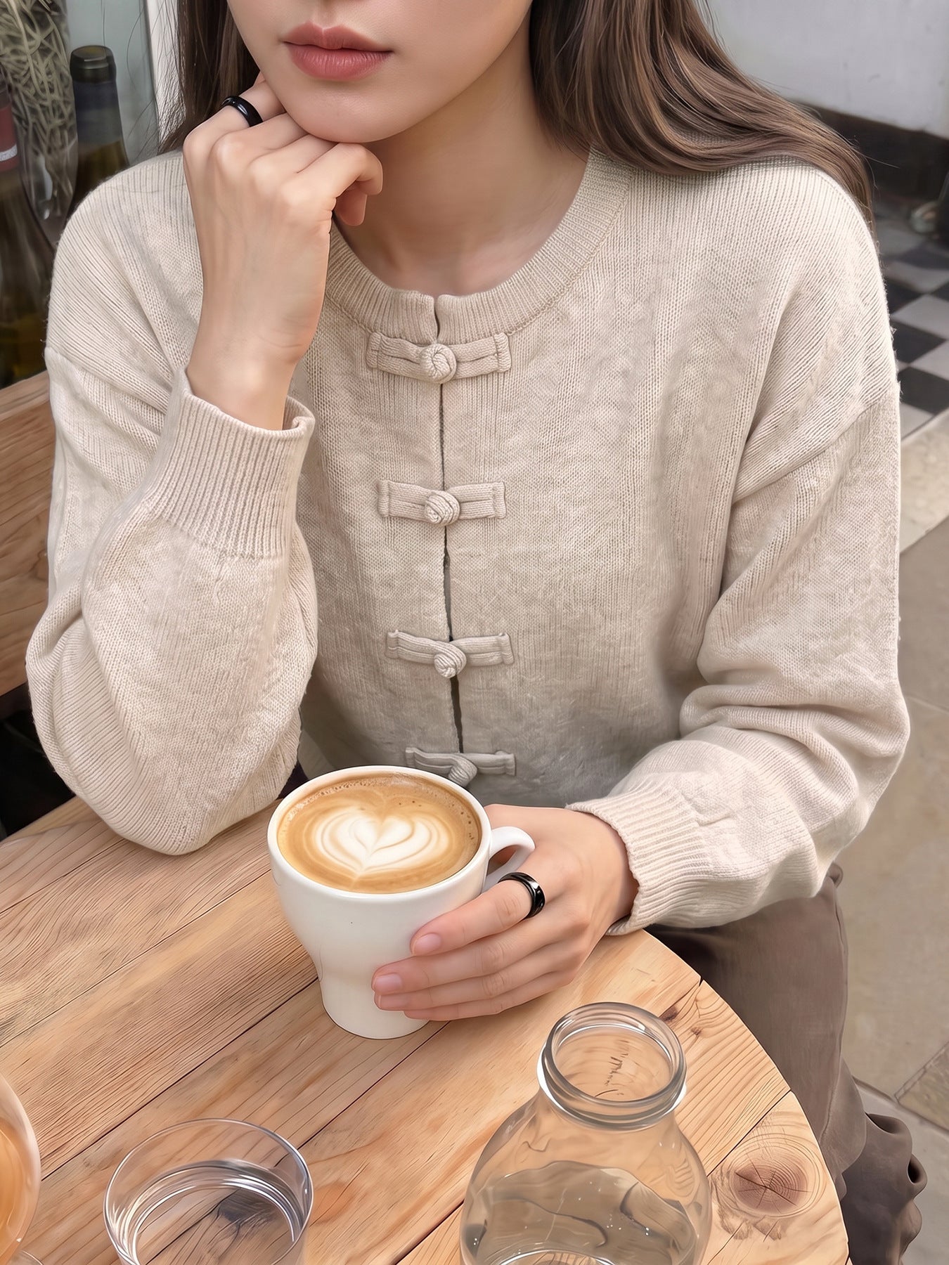 Frog Button Crew Neck Knit Cardigan Sweater