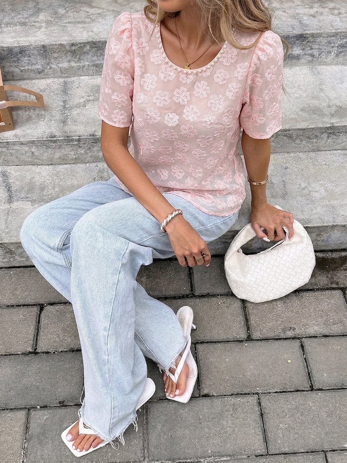 Women Floral Mesh Puff Sleeve Short Sleeve Blouse