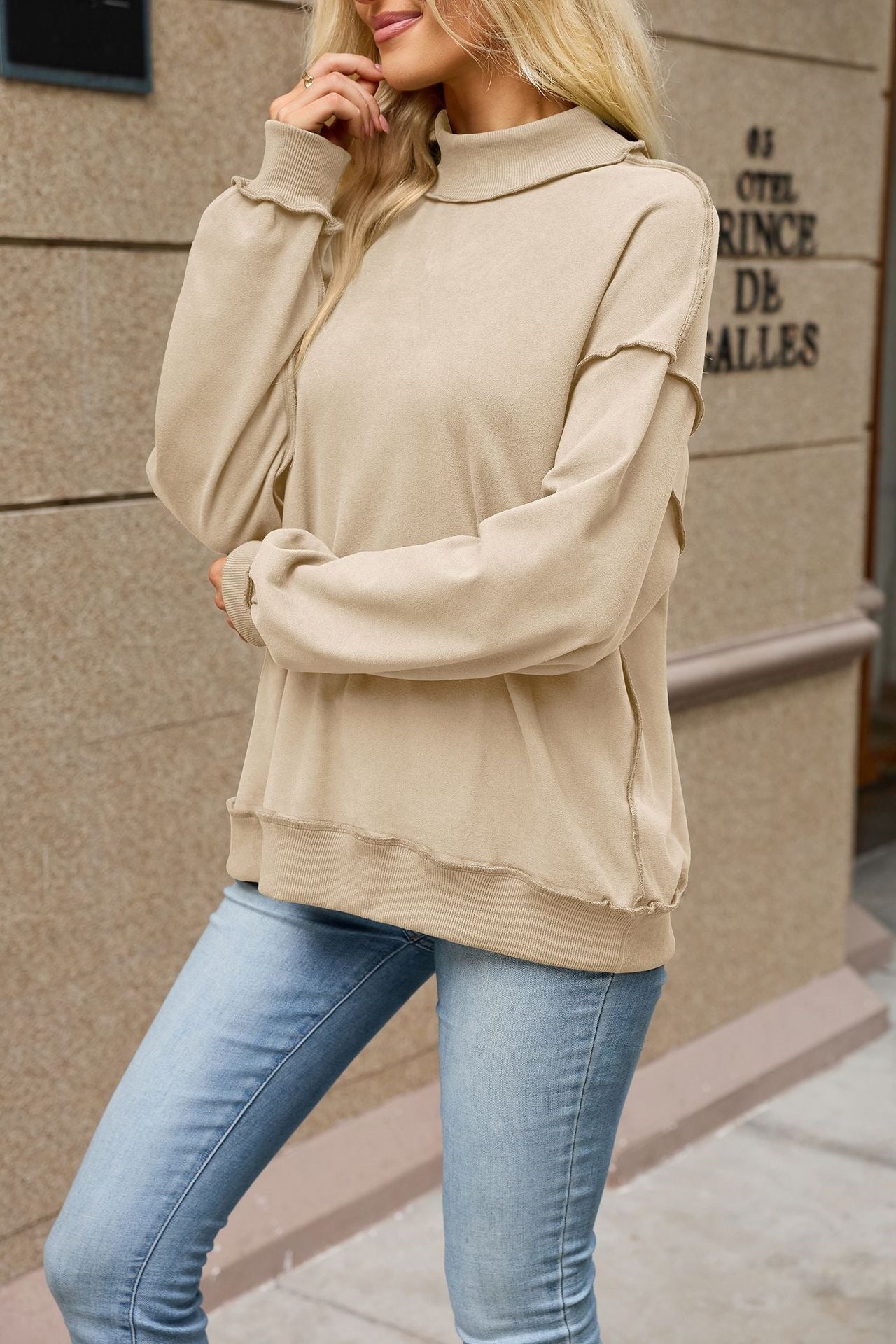 Mock Neck Exposed Seam Oversized Sweatshirt