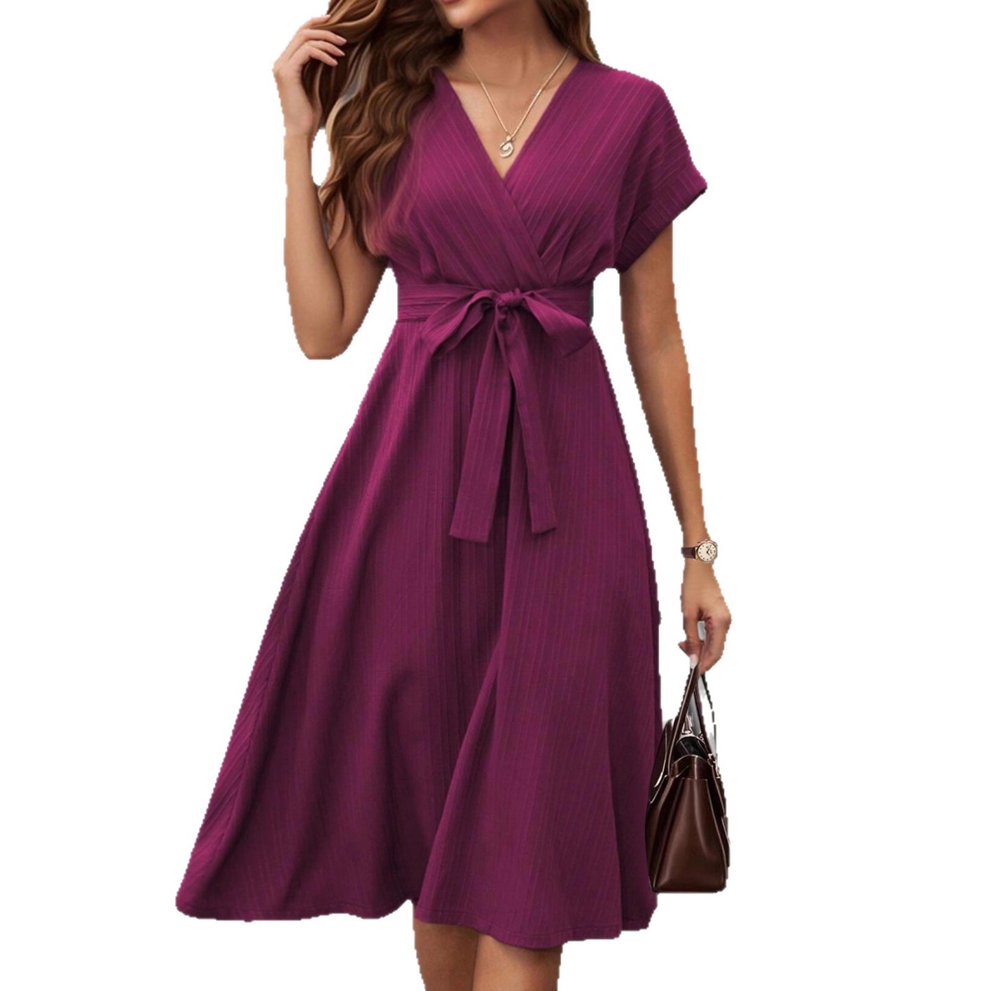 Women’s V Neck Tie Waist Midi Dress Short Sleeve