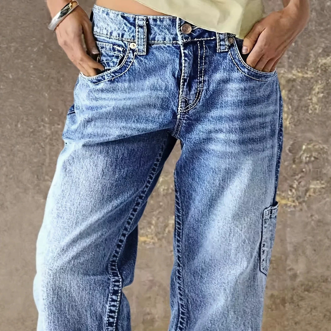 Washed Cargo Straight Leg Denim Jeans