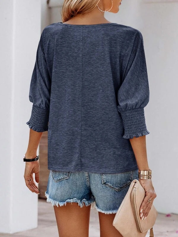 Solid Rayon Blouse Casual Boutique Smocked Sleeve