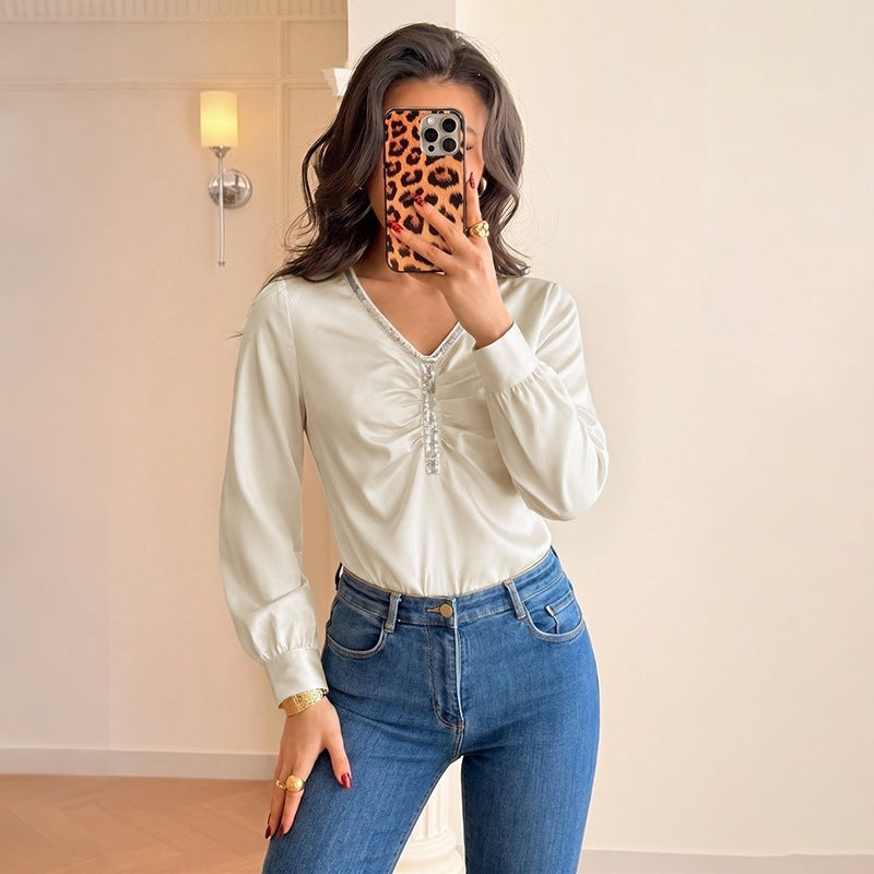 Satin V Neck Jumpsuit Elegant Long Sleeve Wide Leg Romper